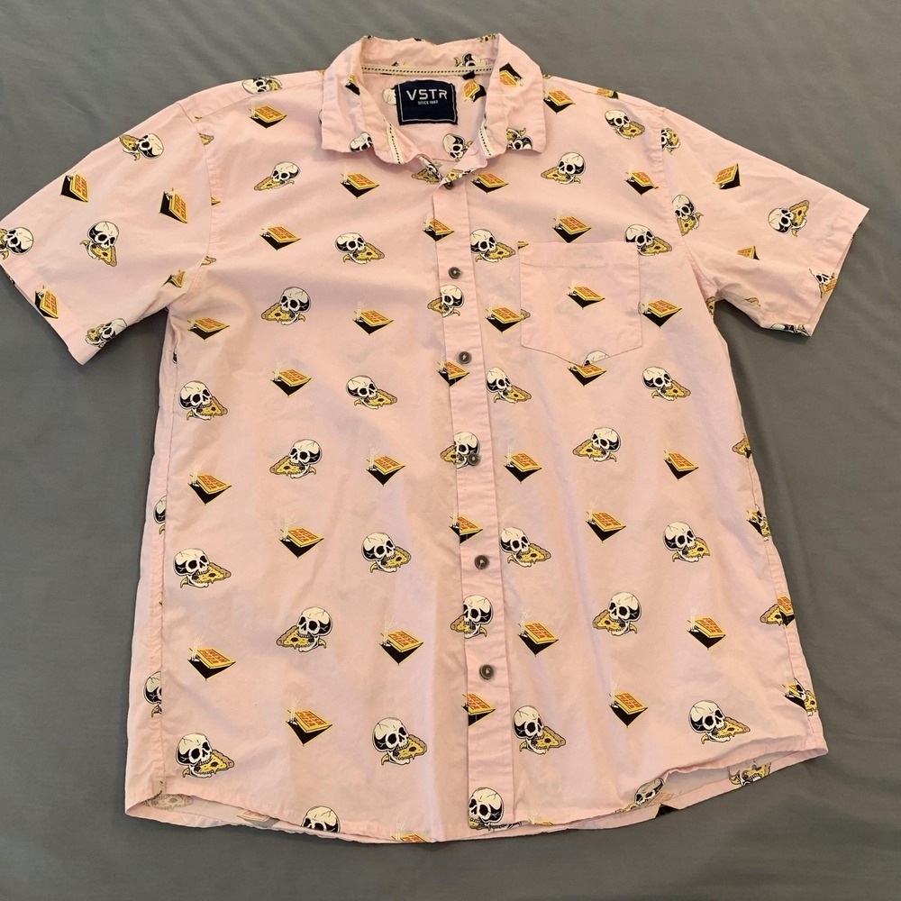 VSTR Shirt Mens‎ XL Pink Skull Pizza Graphic Short Sleeve Button Front Casual